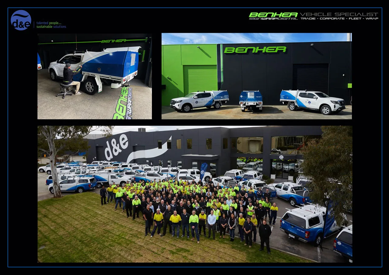 Fleet of D&E utes with custom-designed Benher signage, showcasing professional branding solutions for corporate and trade vehicles.