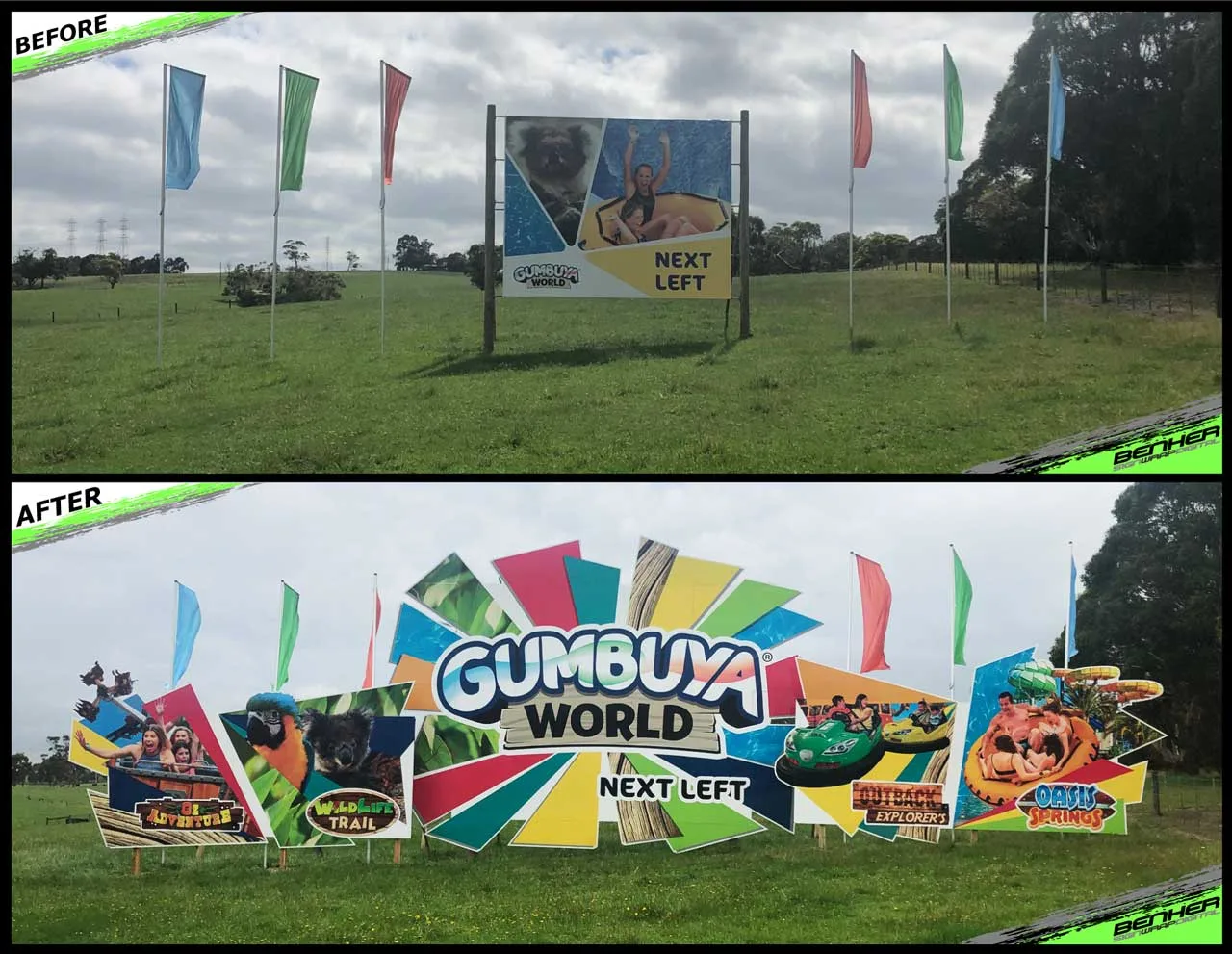 Gumbaya World Freeway Signage before and after by BENHER
